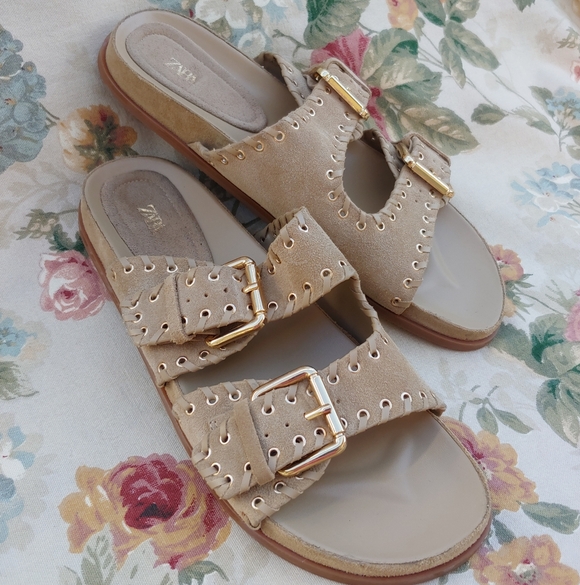 Zara Shoes - Zara Tan Suede Double Strap Slide Sandals with Gromets Women's size US 11 Euro 4
